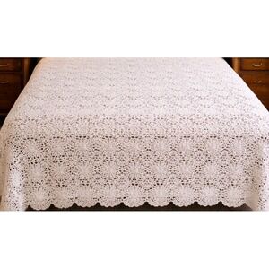 Vintage White Bed Spread Crochet Floral Bedding Handmade Cotton Lace 80x70"
